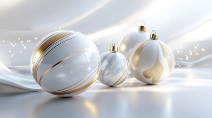 Merry Christmas and Happy New Year background. Realistic 3D design. Abstract Christmas glass transparent decorative white balls with swirling gold patterns. New Year's holiday objects.