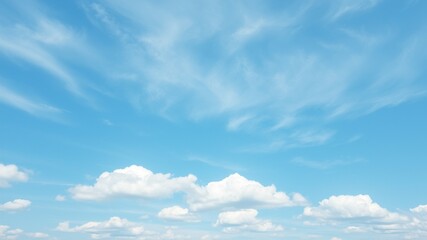 Fototapeta premium A serene blue sky with soft, puffy clouds drifting lazily across the horizon, gently morphing and seamlessly looping in a soothing, calming visual pattern.