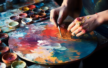 Obraz premium An artist is mixing colors for a painting, using a colorful palette.