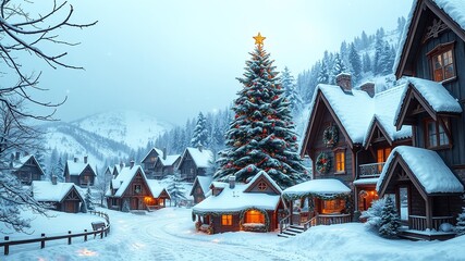 Fototapeta premium A serene snowy landscape scene features a quaint winter village, with intricately decorated cottages, sparkling snowflakes, 