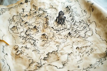 Vintage Hand Drawn Fantasy Map With Mountains and City