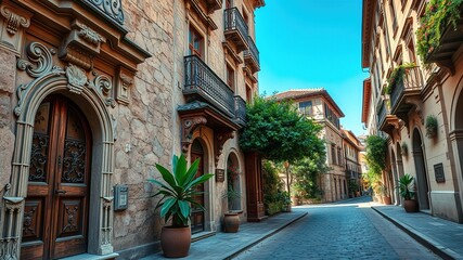 Fototapeta premium A worn, ornate facade with crumbling stone, weathered wood, and intricate carvings dominates the scene, surrounded by a tranquil, cobblestone street lined with lush greenery and historic architecture.