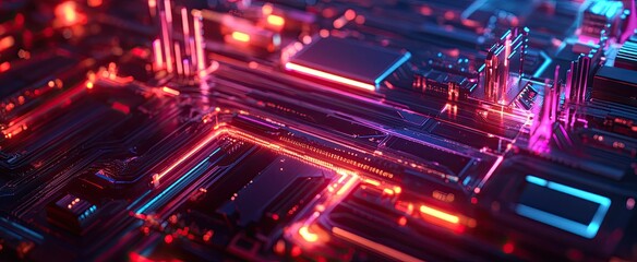 Obraz premium Abstract Neon Cityscape with Circuit Board Design