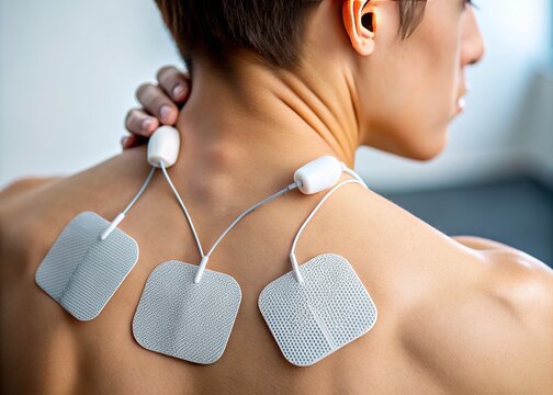 Close-up of physical therapy treatment showing electrode pads on upper back and neck, administering electrical stimulation to relieve pain and promote muscle relaxation.