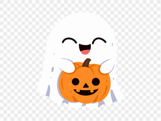 Happy cute smile ghost  hug Halloween pumpkin isolated on png or transparent background.Halloween party banner. vector