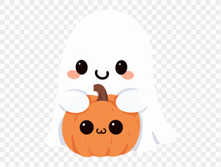 Happy cute smile ghost  hug Halloween pumpkin isolated on png or transparent background.Halloween party banner. vector