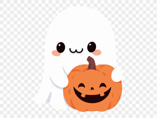 Happy cute smile ghost  hug Halloween pumpkin isolated on png or transparent background.Halloween party banner. vector