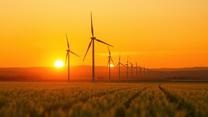 Obraz premium Silhouette of wind turbines stands majestically in a lush green field, with soft golden sun sinking below the horizon, creating a captivating background with subtle motion blur and ample copy space.