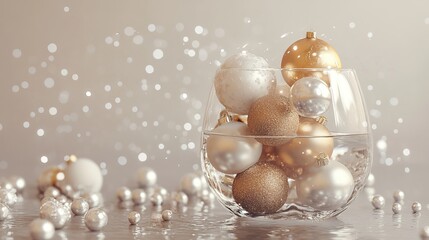 Merry Christmas and Happy New Year background. Realistic 3D design. Abstract Christmas glass transparent decorative white balls with swirling gold patterns. New Year's holiday objects.