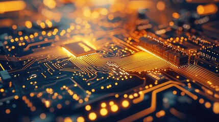 Obraz premium Close-up of a Glowing Circuit Board with a Processor Chip