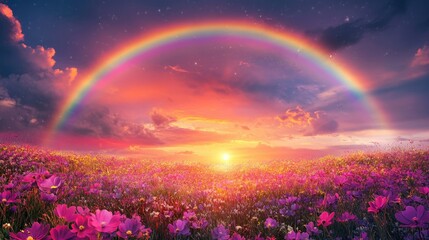 Vibrant Sunset Over Flowering Meadow with Rainbow