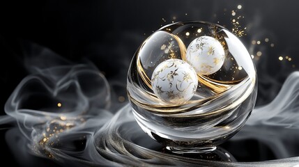 Merry Christmas and Happy New Year background. Realistic 3D design. Abstract Christmas glass transparent decorative white balls with swirling gold patterns. New Year's holiday objects.