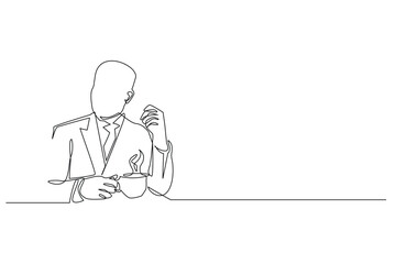continuous line of businessman drinking coffee.one line drawing of businessman relaxing enjoying a cup of coffee.single line vector illustration.isolated white background