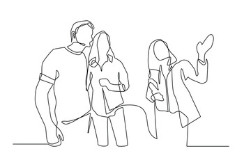 continuous line of marketing women. single line of marketing woman communicating guiding potential buyers. husband and wife communicate with marketing one line drawing