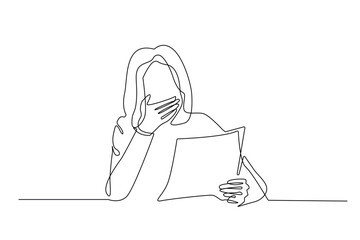 continuous line of shocked woman reading a piece of paper.single vector line of woman with shocked expression.one line drawing vector illustration. isolated on white background
