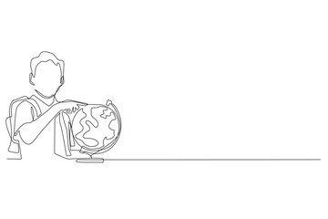 continuous line of students pointing at a globe. single line vector of boys studying a globe. male students studying geography in one line drawing