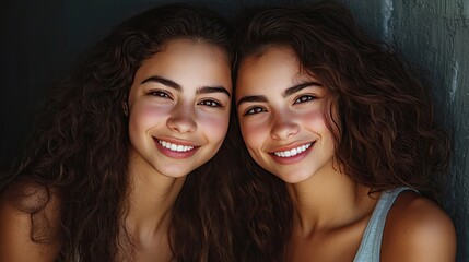 Obraz premium Smiling Young Women with Dark Hair and Natural Beauty