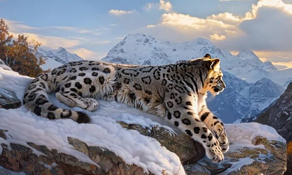 Snow Leopard in Majestic Mountain Range