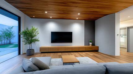 温かみある木を基調としたモダンなリビングルームのインテリア｜日本の住宅