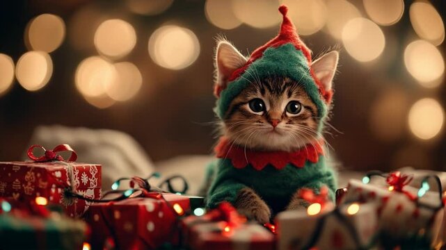 Kitten dressed as a Christmas elf with gifts
