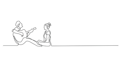 continuous line of man and woman playing guitar.single line of romantic couple.man playing guitar outdoors with lover in one line vector drawing