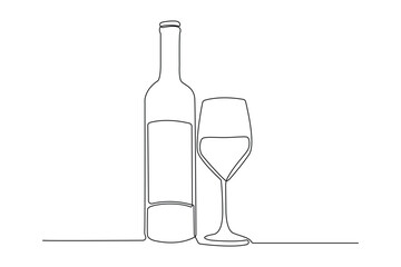 continuous line of wine bottles and glasses.one line drawing vector of wine bottles and glasses.wine drawn in one simple line