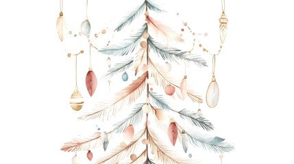 A whimsical boho Christmas tree adorned with hanging feathers and beads, illustrated in watercolor with gentle muted tones, isolated on white for a minimalist festive look 