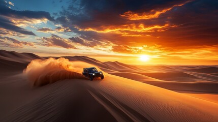 Off-road vehicle driving through sand dunes at sunset.