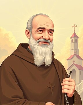 Cartoon illustration of catholic priest saint padre pio