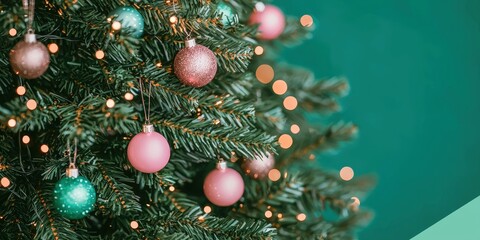 Festive Christmas Tree Branch with Pink and Green Baubles and Warm Lights