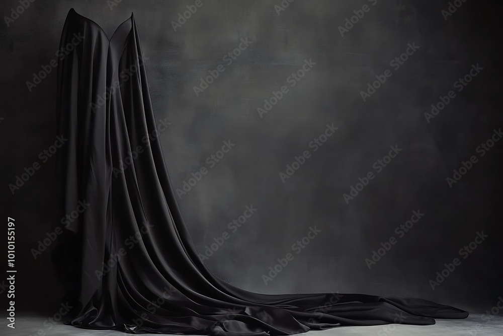 Sticker Black fabric draped over a dark background, mysterious and dramatic, product reveal mockup