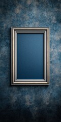 Elegant Silver Frame on Blue Wall with Copy Space