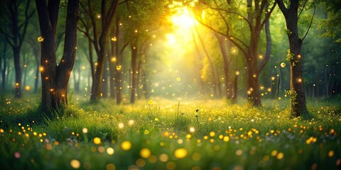 Obraz premium Enchanted forest meadow with sunlight and glowing fireflies in springtime