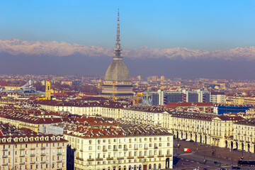 Naklejka premium Panoramic view of Turin city with apartment buildings in Italy..