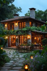 Obraz premium house garden in summer, lit by summer garden lights, warm atmosphere 