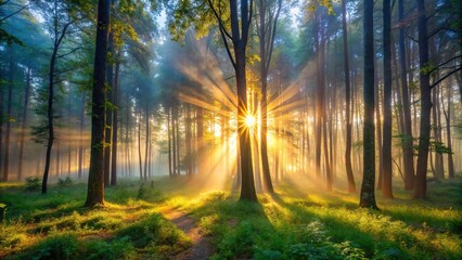 Obraz premium Enchanting forest during sunrise or sunset with sunlight filtering through foggy trees