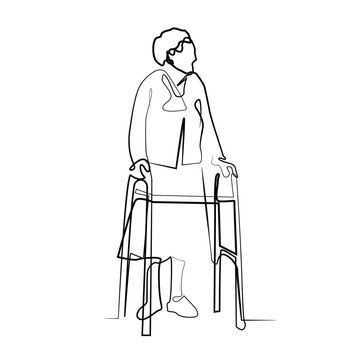 recommend clip art: line art drawing of an old woman walking with a walker.abstract one line drawing of old age.care of an elderly woman