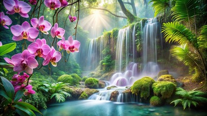 Enchanting hidden waterfall surrounded by blooming orchids in a rainforest cascade © suchetpong
