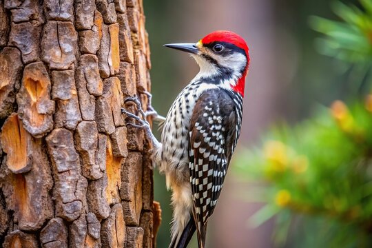 Endangered red cockaded woodpecker perched on a pine tree