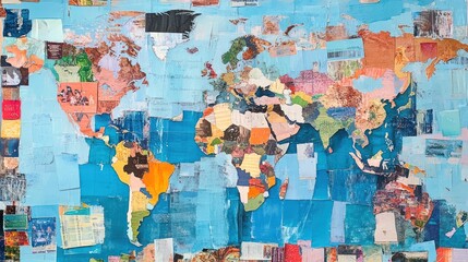 A colorful collage map of the world made from various paper materials.