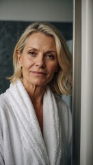Fototapeta premium Contemplative middle-aged woman in white robe by bathroom