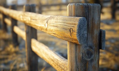 Close-up of a weathered wooden fence post and rail in a rural setting.