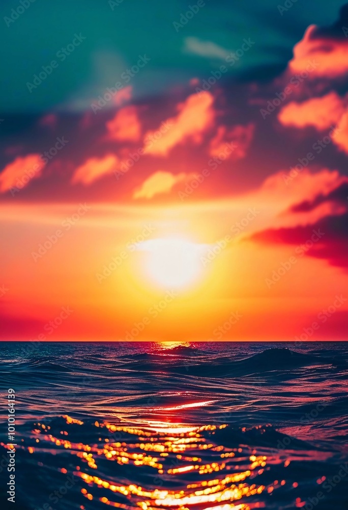 Poster The sun rises over the ocean, casting warm hues across the water. Waves gently roll in, creating bubbles that sparkle in the early light while clouds streak the sky in vibrant colors. Generative AI