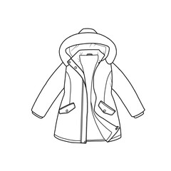 Windbreaker hooded jacket, windproof hooded jacket for girl's outline drawing. Hand-drawn illustration outerwear jackets technical fashion illustration. Flat coat template design, front view. © Arfa Yudha