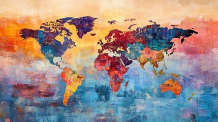 A colorful artistic representation of a world map with vibrant hues and textures.