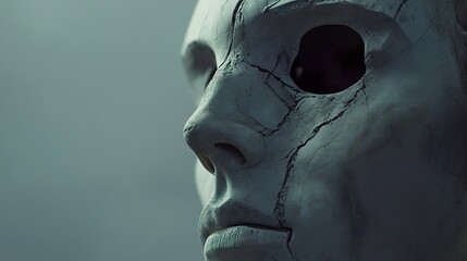 Naklejka premium Cracked Mask: A Surreal Portrait of Human Emotion
