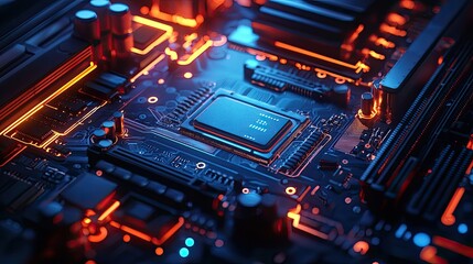 Obraz premium A Close-Up of a Computer Motherboard with Glowing Circuits and a Processor