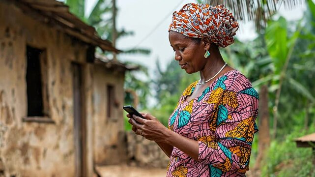 African woman in traditional clothing uses smartphone in rural setting.