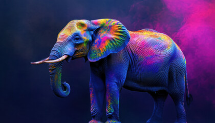 Fototapeta premium Vibrantly colored elephant stands against a vivid background, showcasing a stunning spectrum of blues, purples, and pink hues in a captivating display of art.