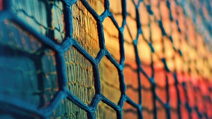 Close-up of a Blue Mesh Network Against a Colorful Background